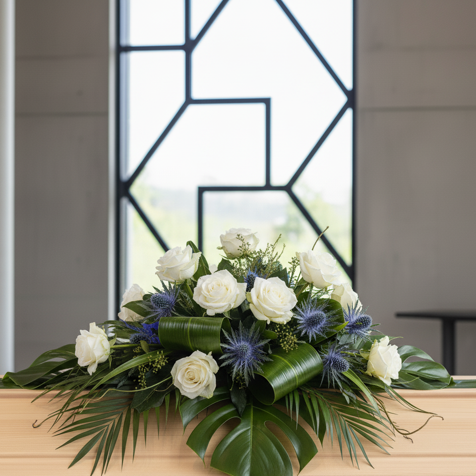 Modern White Rose Tribute Casket Spray