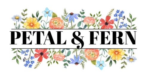 Logo with 'Petal & Fern' text surrounded by colorful floral designs on a white background