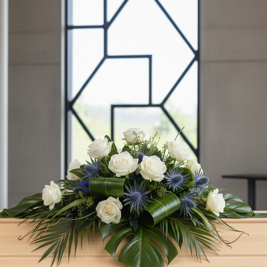 Modern White Rose Tribute Casket Spray